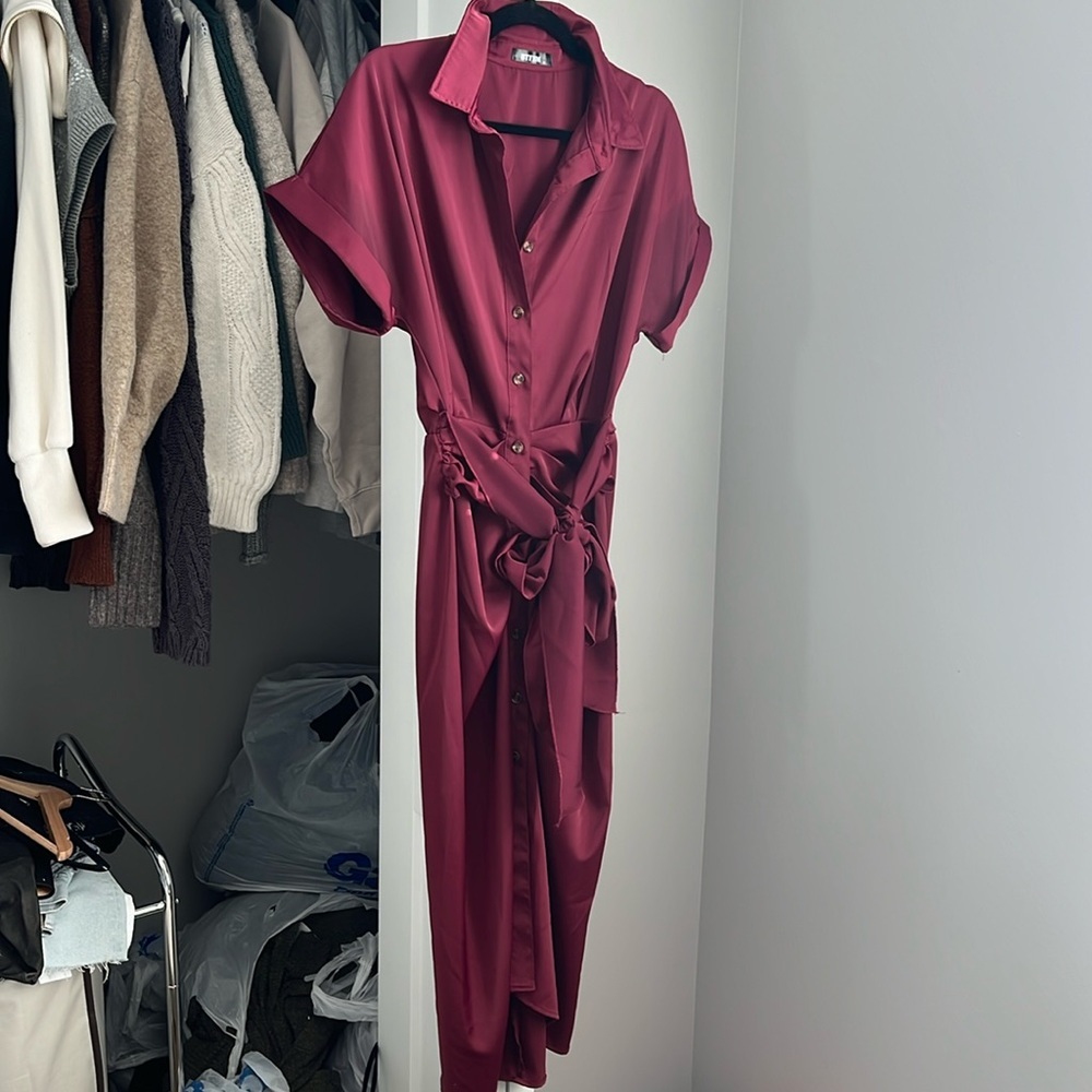 Amazon BTBFM Satin-like Burgundy Button-Up Dress, worn once